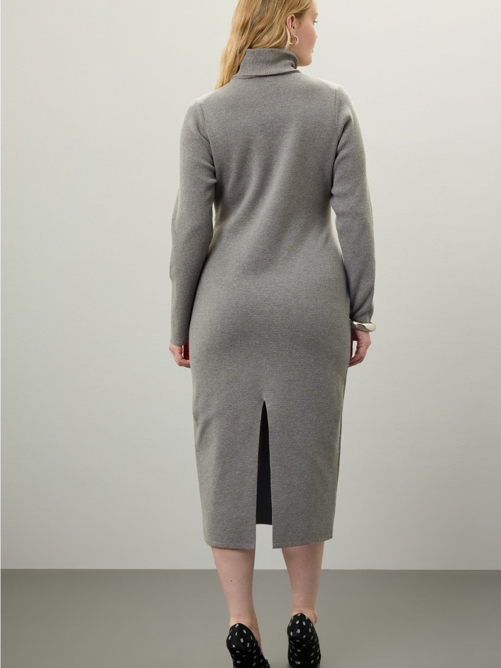 Turtleneck Tie-Waist Knit Midi Dress - Gray - Picture 5 of 9